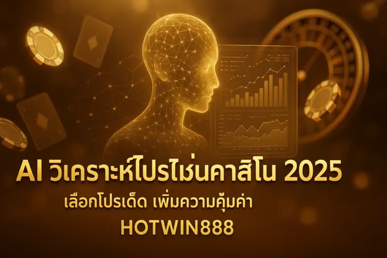 ภาพ feature AI วิเคราะห์โปรโมชั่นคาสิโน 2025 โทนทอง-น้ำตาลหรูหรา พร้อมข้อความหัวข้อและแบรนด์ HOTWIN888