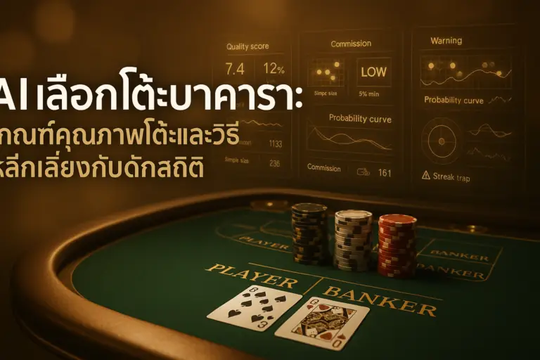 ภาพประกอบเอไอเลือกโต๊ะบาคาร่า ในสไตล์ไล่เฉดทอง-น้ำตาล อบอุ่นหรูหรา แสดง AI วิเคราะห์คุณภาพโต๊ะและเลี่ยงกับดักสถิติ เชื่อมโยงกับ hotwin888