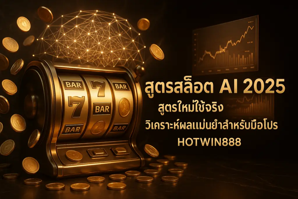 ภาพปก สูตรสล็อต AI 2025 ของ HOTWIN888 โทนหรูหราโกลเดน-บราวน์ แสดงสล็อตแมชชีน 3D กราฟวิเคราะห์ AI และเครือข่ายประสาท