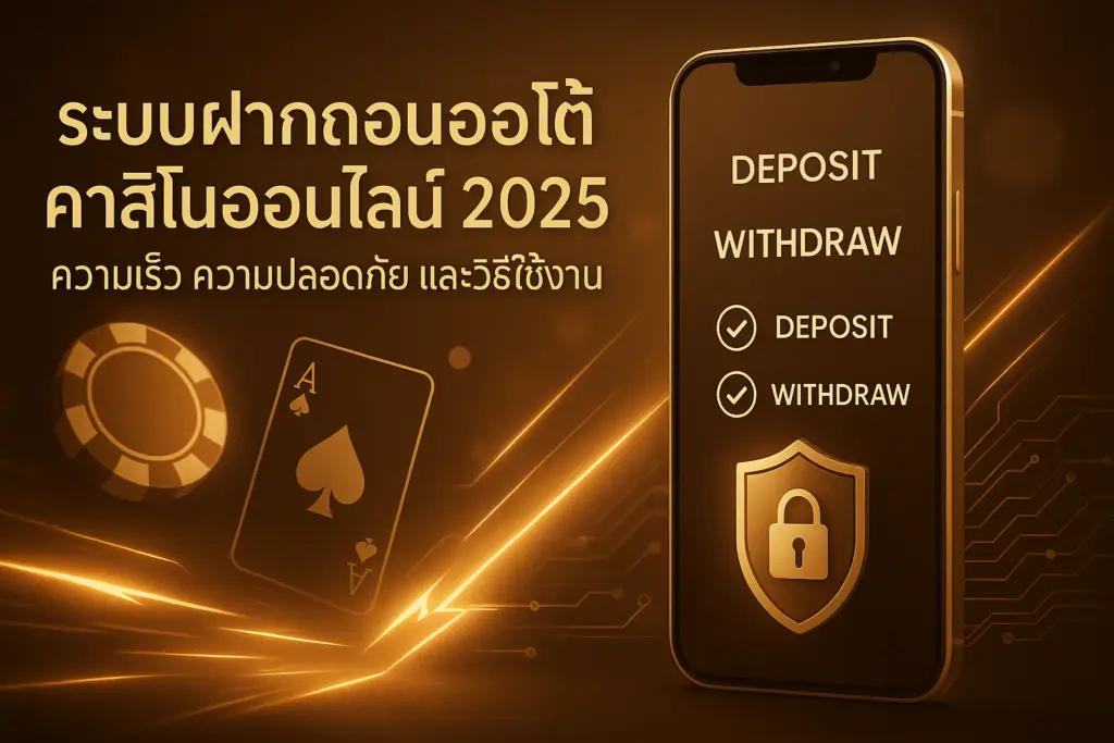 ภาพหน้าปกบทความระบบฝากถอนออโต้คาสิโนออนไลน์ 2025 โทนไล่เฉดทองน้ำตาลหรูหรา แสดงมือถือ ไอคอนยืนยันการทำรายการ โล่และแม่กุญแจ พร้อมข้อความไตเติลบนภาพ สำหรับ hotwin888