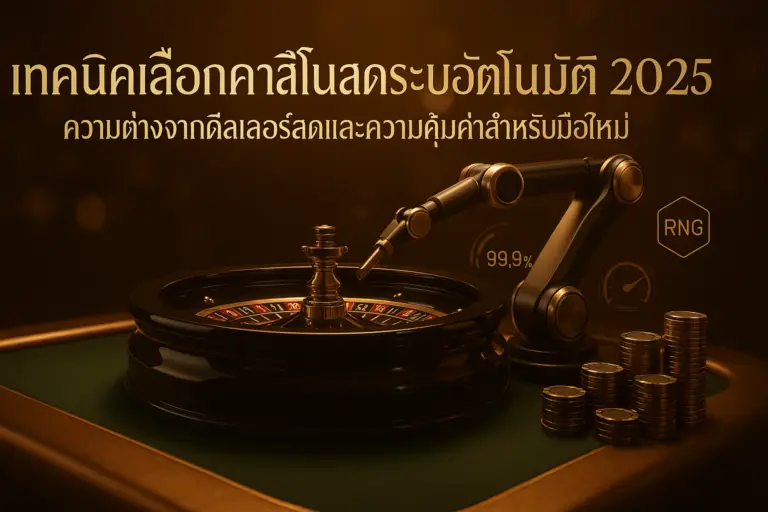 ภาพฟีเจอร์โทนหรูทอง-น้ำตาล แสดงอินเทอร์เฟซคาสิโนสดระบบอัตโนมัติ พร้อมชื่อเรื่อง เทคนิคเลือกคาสิโนสดระบบอัตโนมัติ 2025 เชื่อมกับ hotwin888