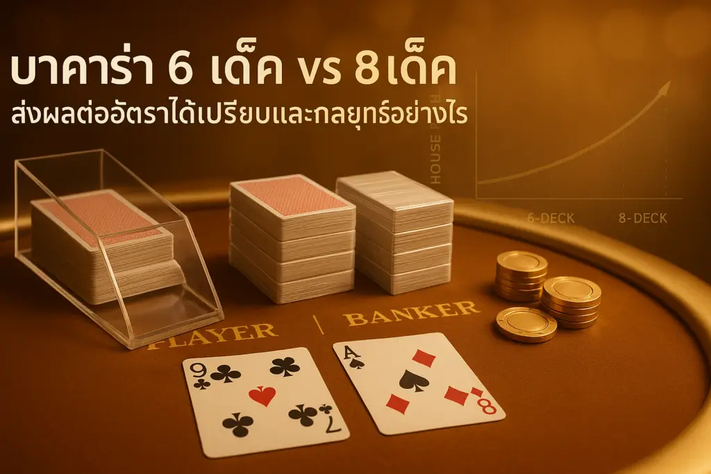 ภาพประกอบโทนหรูหราแสงทอง แสดงโต๊ะบาคาร่า เปรียบเทียบ บาคาร่า 6 เด็ค 8 เด็ค พร้อมกราฟอัตราได้เปรียบ เหมาะสำหรับคอนเทนต์ hotwin888