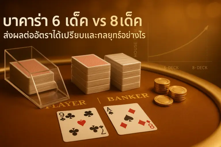 ภาพประกอบโทนหรูหราแสงทอง แสดงโต๊ะบาคาร่า เปรียบเทียบ บาคาร่า 6 เด็ค 8 เด็ค พร้อมกราฟอัตราได้เปรียบ เหมาะสำหรับคอนเทนต์ hotwin888