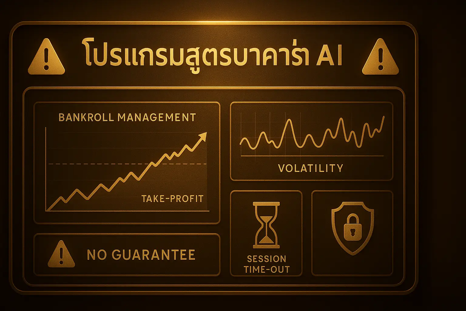 ภาพข้อควรระวัง โปรแกรมสูตรบาคาร่า AI แสดงกราฟบริหารเงิน ไอคอนคำเตือน และสัญลักษณ์ความปลอดภัย โทนทอง-น้ำตาล สำหรับ hotwin888