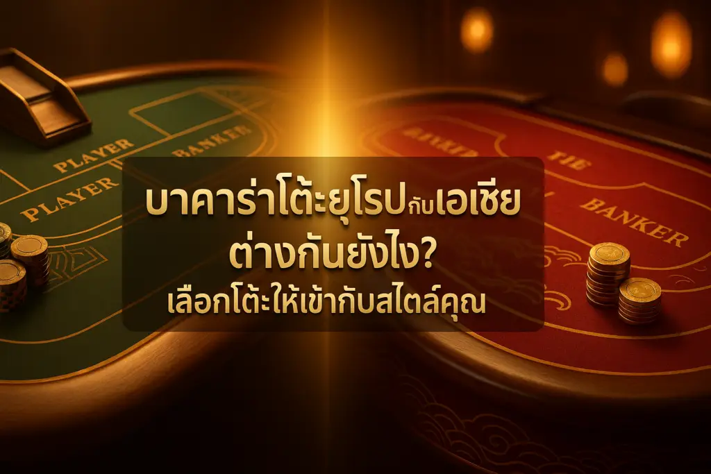 feature image สำหรับบทความหัวข้อ บาคาร่าโต๊ะยุโรปกับเอเชีย เปรียบเทียบโต๊ะยุโรปและเอเชีย โทนทองน้ำตาลหรูหรา พร้อมข้อความพาดหัวบนภาพ สำหรับ hotwin888