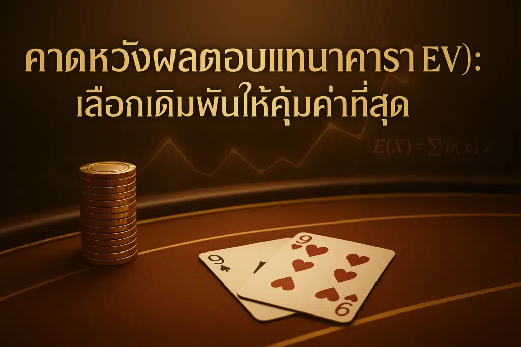ภาพประกอบคาดหวังผลตอบแทนบาคาร่า (EV) โทนหรูหราสีทอง-น้ำตาล แสดงโต๊ะบาคาร่า กราฟ EV และข้อความหัวเรื่อง สำหรับบทความบน hotwin888