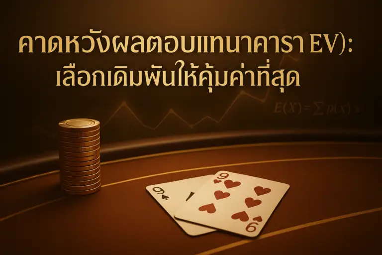 ภาพประกอบคาดหวังผลตอบแทนบาคาร่า (EV) โทนหรูหราสีทอง-น้ำตาล แสดงโต๊ะบาคาร่า กราฟ EV และข้อความหัวเรื่อง สำหรับบทความบน hotwin888