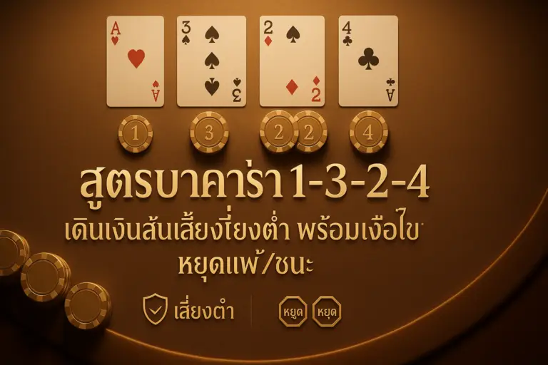 ภาพฟีเจอร์สูตรบาคาร่า 1-3-2-4 โทนทองน้ำตาลสไตล์หรู พร้อมข้อความหัวข้อบนภาพ สำหรับบทความ hotwin888