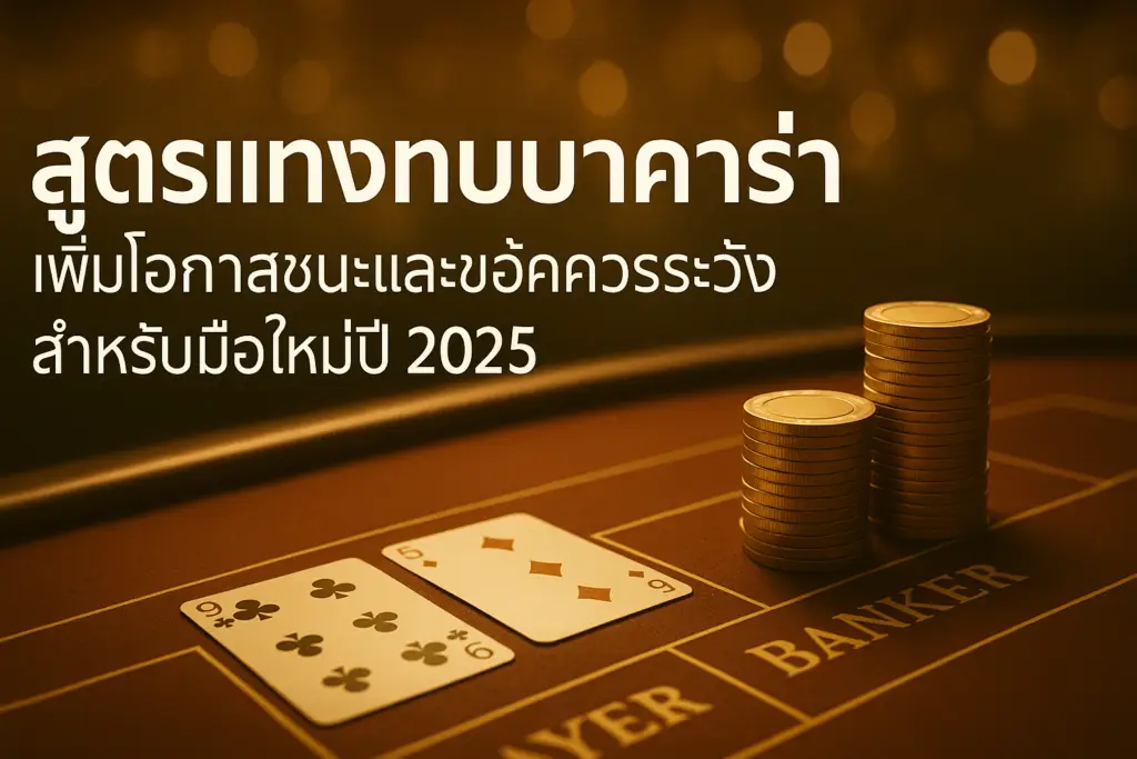ภาพฟีเจอร์หัวเรื่อง สูตรแทงทบบาคาร่า ปี 2025 โทนทองน้ำตาลสไตล์หรู ใช้ประกอบบทความของ hotwin888 พร้อมตัวอักษรหัวข้อบนภาพ