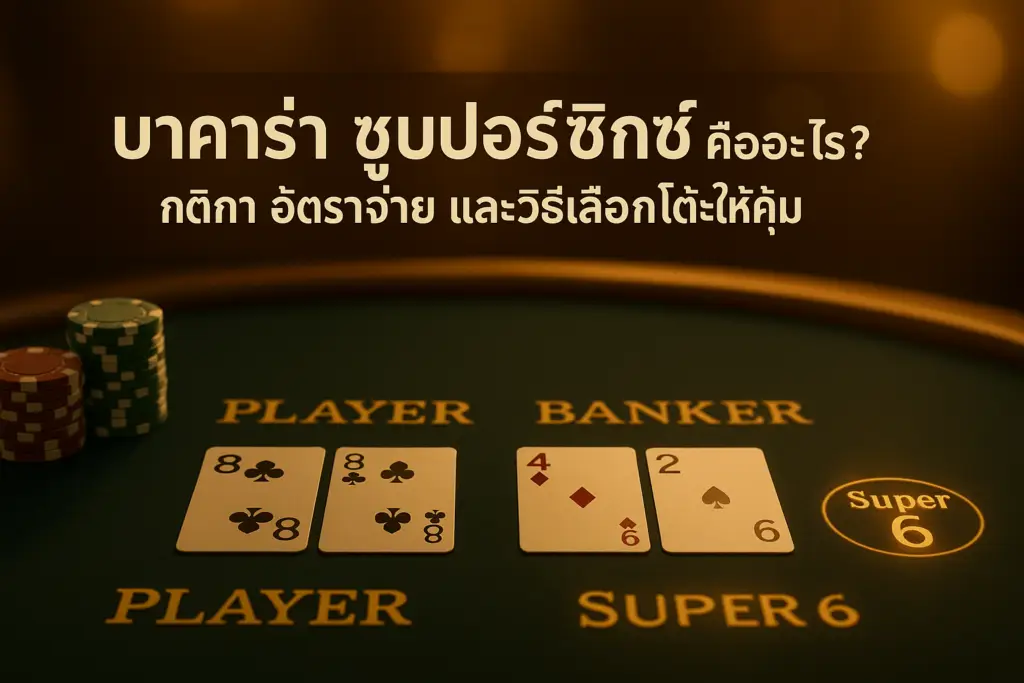 ภาพประกอบบาคาร่า ซูเปอร์ซิกซ์ (baccarat super six) โทนหรูหราไล่เฉดทอง-น้ำตาล แสดงโต๊ะบาคาร่า ชิป ไพ่ และไฮไลต์เดิมพันซูเปอร์ซิกซ์ พร้อมข้อความหัวเรื่องบนภาพ สำหรับบทความของ hotwin888