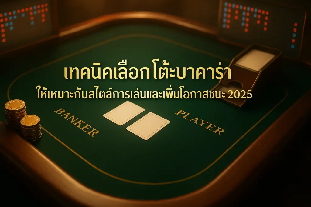 ภาพฮีโร่แนวหรูหราแสดงโต๊ะบาคาร่าและกราฟสถิติ สื่อถึงเทคนิคเลือกโต๊ะบาคาร่า พร้อมข้อความชื่อบทความ สำหรับ hotwin888