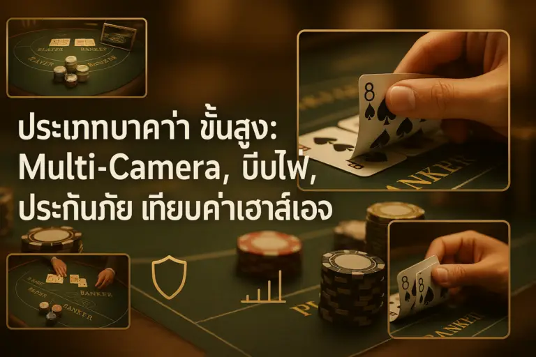 ภาพฟีเจอร์ โทนทอง–น้ำตาลหรู สำหรับบทความประเภทบาคาร่า ขั้นสูง สื่อถึง multi‑camera, บีบไพ่, ประกันภัย และการเทียบค่าเฮาส์เอจ บน hotwin888