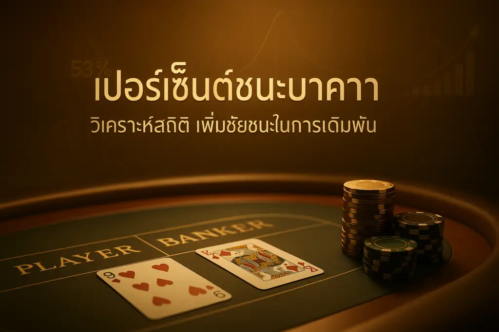 ภาพฟีเจอร์โทนทอง-น้ำตาล แสดงเปอร์เซ็นต์ชนะบาคาร่า พร้อมกราฟสถิติ ไพ่บาคาร่า และข้อความหัวเรื่องบนภาพ บรรยากาศคาสิโนหรู สำหรับบทความ hotwin888