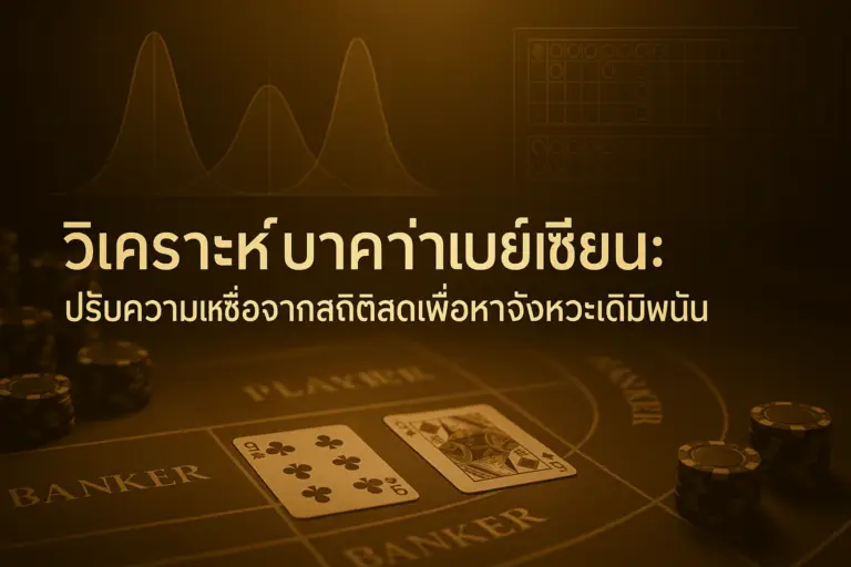 ภาพประกอบ วิเคราะห์บาคาร่าเบย์เซียน สำหรับ hotwin888 โทนทอง–น้ำตาลหรู พร้อมโต๊ะบาคาร่าและกราฟเบย์เซียนสื่อถึงการปรับความเชื่อจากสถิติสด