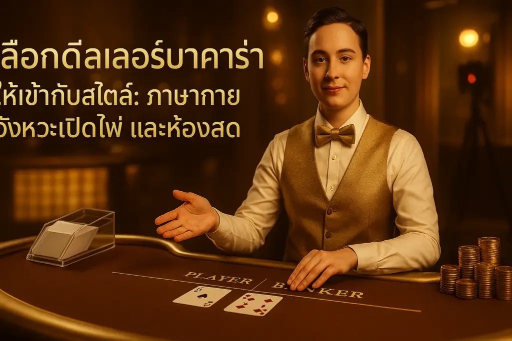 ภาพปก เลือกดีลเลอร์บาคาร่า โทนหรูหราทอง–น้ำตาล เน้นภาษากาย จังหวะเปิดไพ่ และห้องสด สำหรับ hotwin888