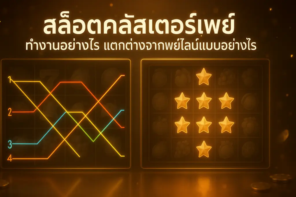 ภาพประกอบสล็อตคลัสเตอร์เพย์ โทนหรูหราสีทอง-น้ำตาล แสดงการชนะแบบคลัสเตอร์เทียบกับเพย์ไลน์แบบเดิม สำหรับบทความของ hotwin888