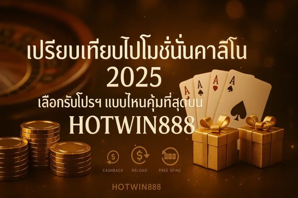 ภาพปก เปรียบเทียบโปรโมชั่นคาสิโน 2025 บทความ HOTWIN888 โทนทอง-น้ำตาลหรูหรา มีข้อความหัวข้อบนภาพ