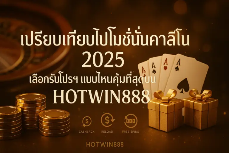 ภาพปก เปรียบเทียบโปรโมชั่นคาสิโน 2025 บทความ HOTWIN888 โทนทอง-น้ำตาลหรูหรา มีข้อความหัวข้อบนภาพ