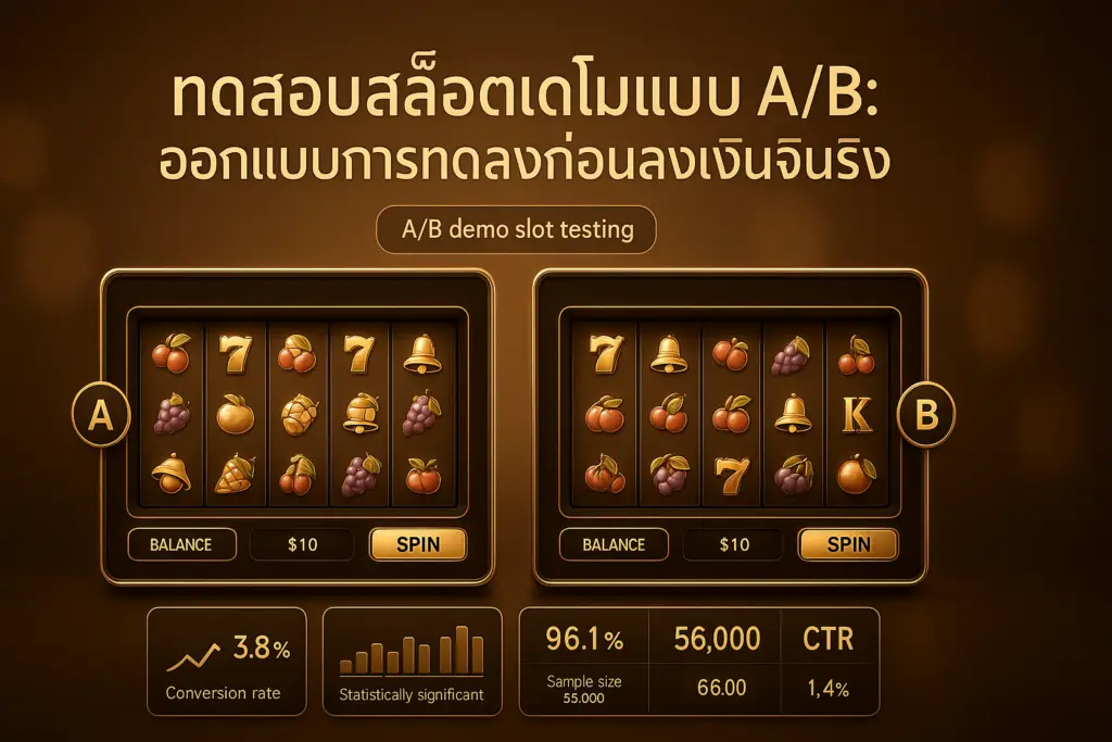 ภาพฟีเจอร์: ทดสอบสล็อตเดโมเอบี (A/B) เปรียบเทียบสล็อตเดโมสองเวอร์ชันพร้อมกราฟสถิติ โทนหรูหราสีทอง-น้ำตาล สำหรับบทความของ hotwin888