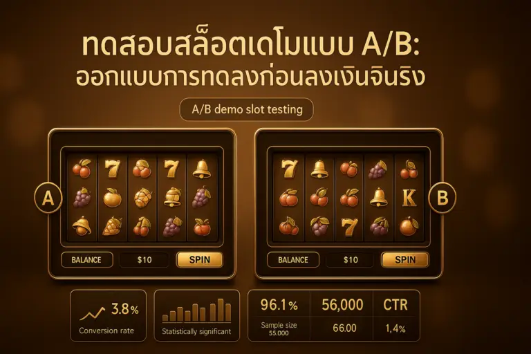 ภาพฟีเจอร์: ทดสอบสล็อตเดโมเอบี (A/B) เปรียบเทียบสล็อตเดโมสองเวอร์ชันพร้อมกราฟสถิติ โทนหรูหราสีทอง-น้ำตาล สำหรับบทความของ hotwin888