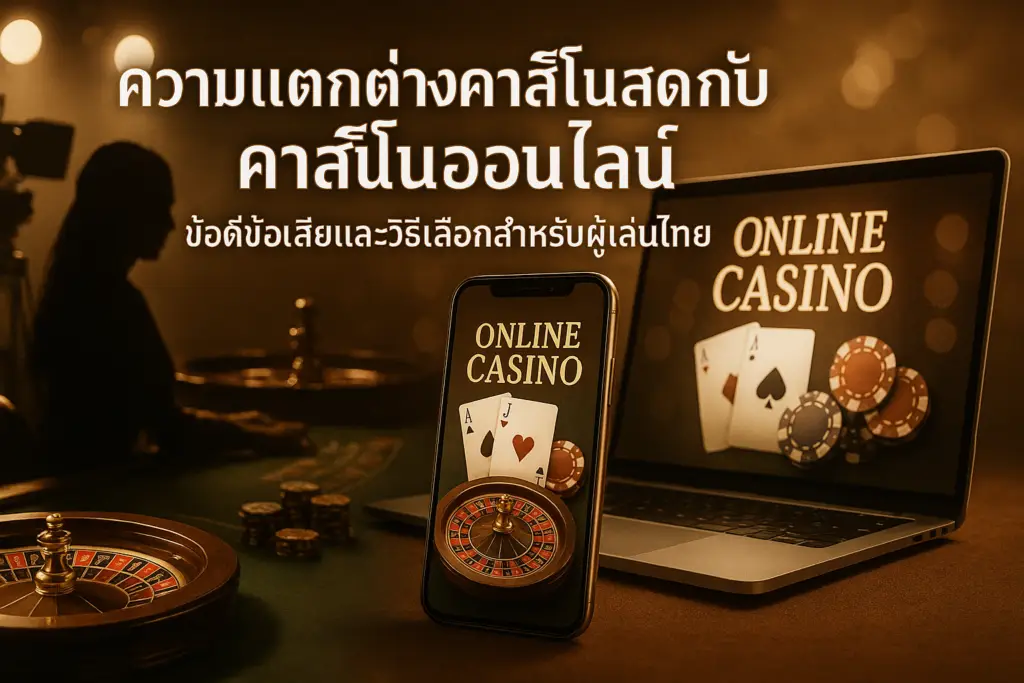ภาพหน้าปกบทความ: ความแตกต่างคาสิโนสดกับคาสิโนออนไลน์ โทนทอง-น้ำตาล สไตล์หรู พร้อมข้อความหัวเรื่อง สำหรับ hotwin888