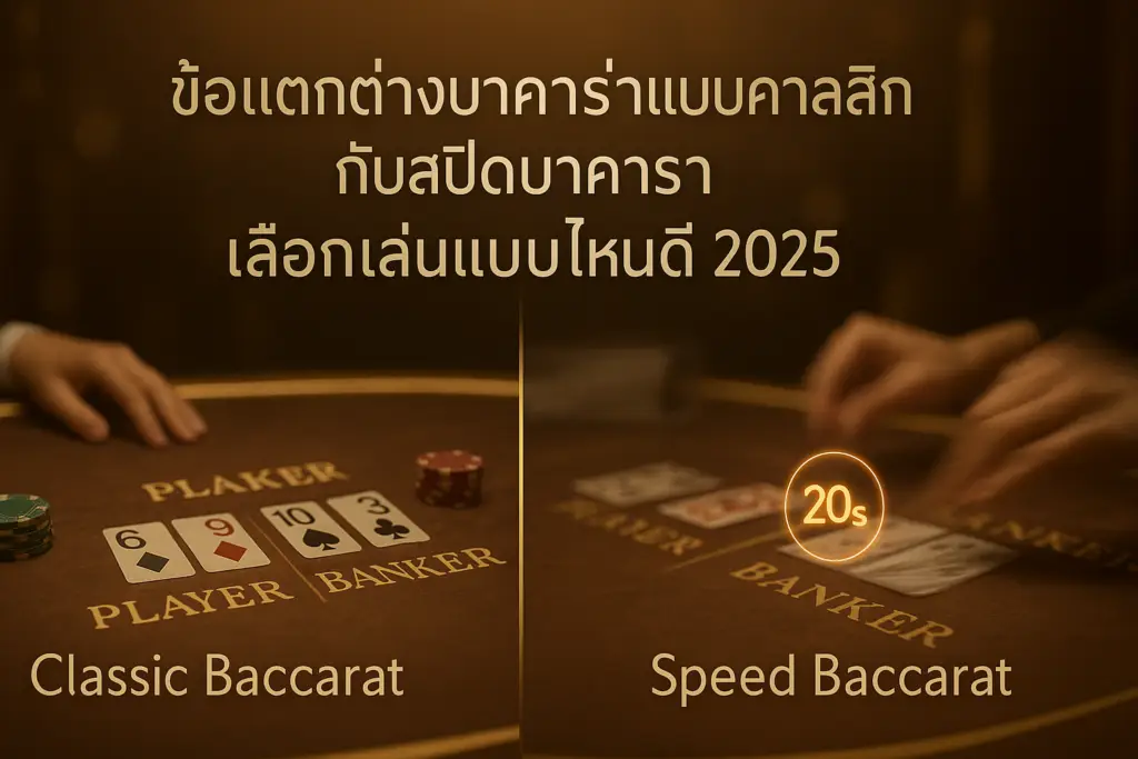 ภาพรวมข้อแตกต่างบาคาร่าแบบคลาสสิกกับสปีดบาคาร่า พร้อมข้อความหัวข้อบนภาพ โทนทอง-น้ำตาลหรูหรา โดย hotwin888