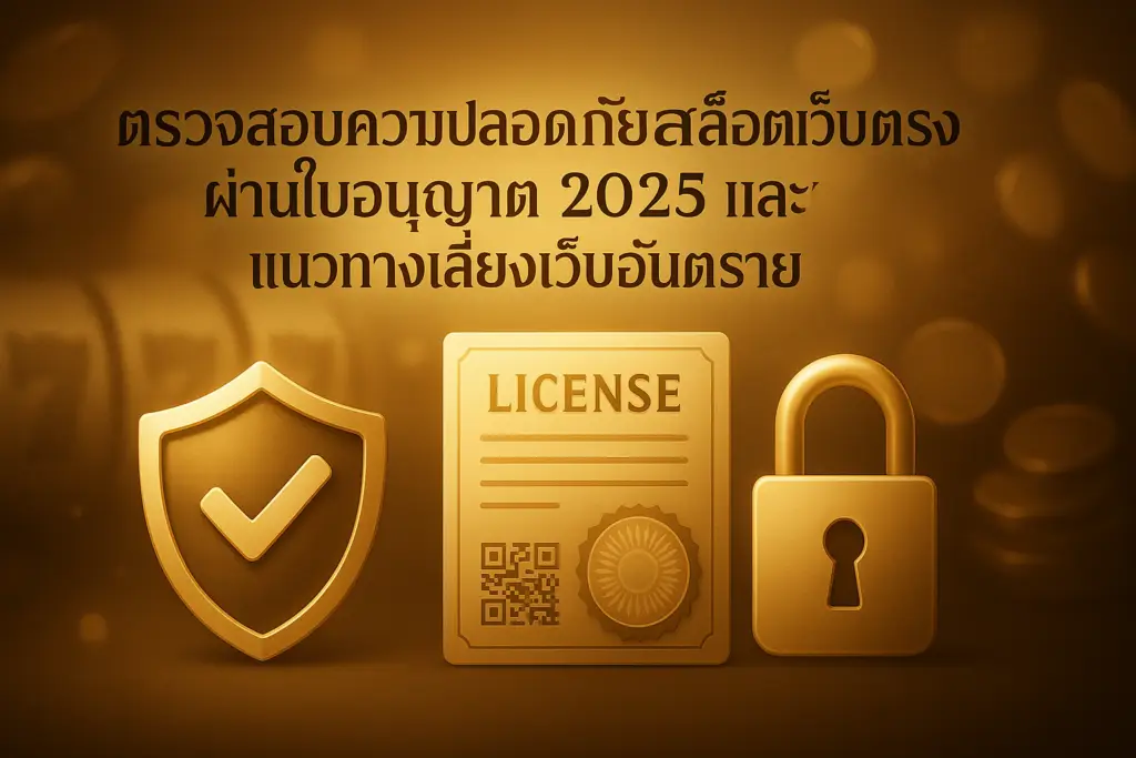 ภาพฮีโร่โทนทองสำหรับบทความ 'ตรวจสอบความปลอดภัยสล็อตเว็บตรงผ่านใบอนุญาต 2025' ของผู้เล่น hotwin888 แสดงโล่ตรวจสอบและใบอนุญาตดิจิทัลเพื่อสื่อความปลอดภัยของสล็อตเว็บตรง