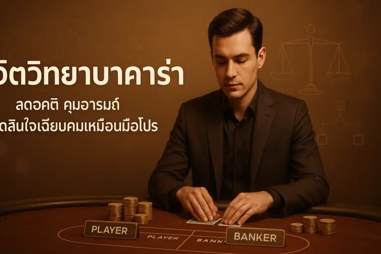 ภาพประกอบจิตวิทยาบาคาร่า โทนหรูหราไล่เฉดทอง-น้ำตาล แสดงการคุมอารมณ์ ลดอคติ และตัดสินใจอย่างมืออาชีพบนโต๊ะบาคาร่า — hotwin888