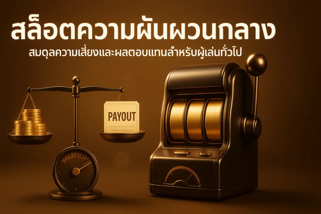 ภาพสล็อตความผันผวนกลาง โทนทอง-น้ำตาลสไตล์หรู สำหรับบทความ hotwin888 พร้อมข้อความหัวเรื่องบนภาพ