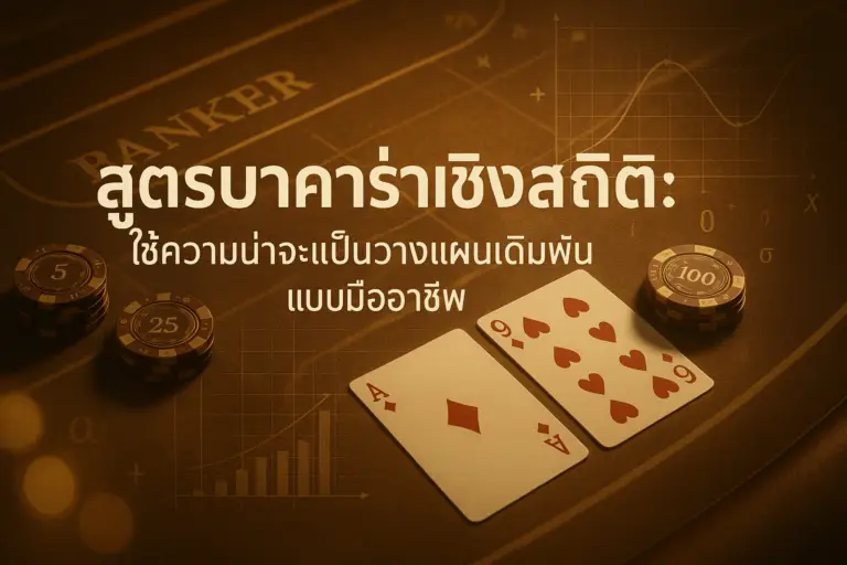 ภาพปกบทความเกี่ยวกับ สูตรบาคาร่าเชิงสถิติ โทนหรูหราไล่เฉดทอง–น้ำตาล มีโต๊ะบาคาร่าและกราฟความน่าจะเป็น เหมาะกับ hotwin888