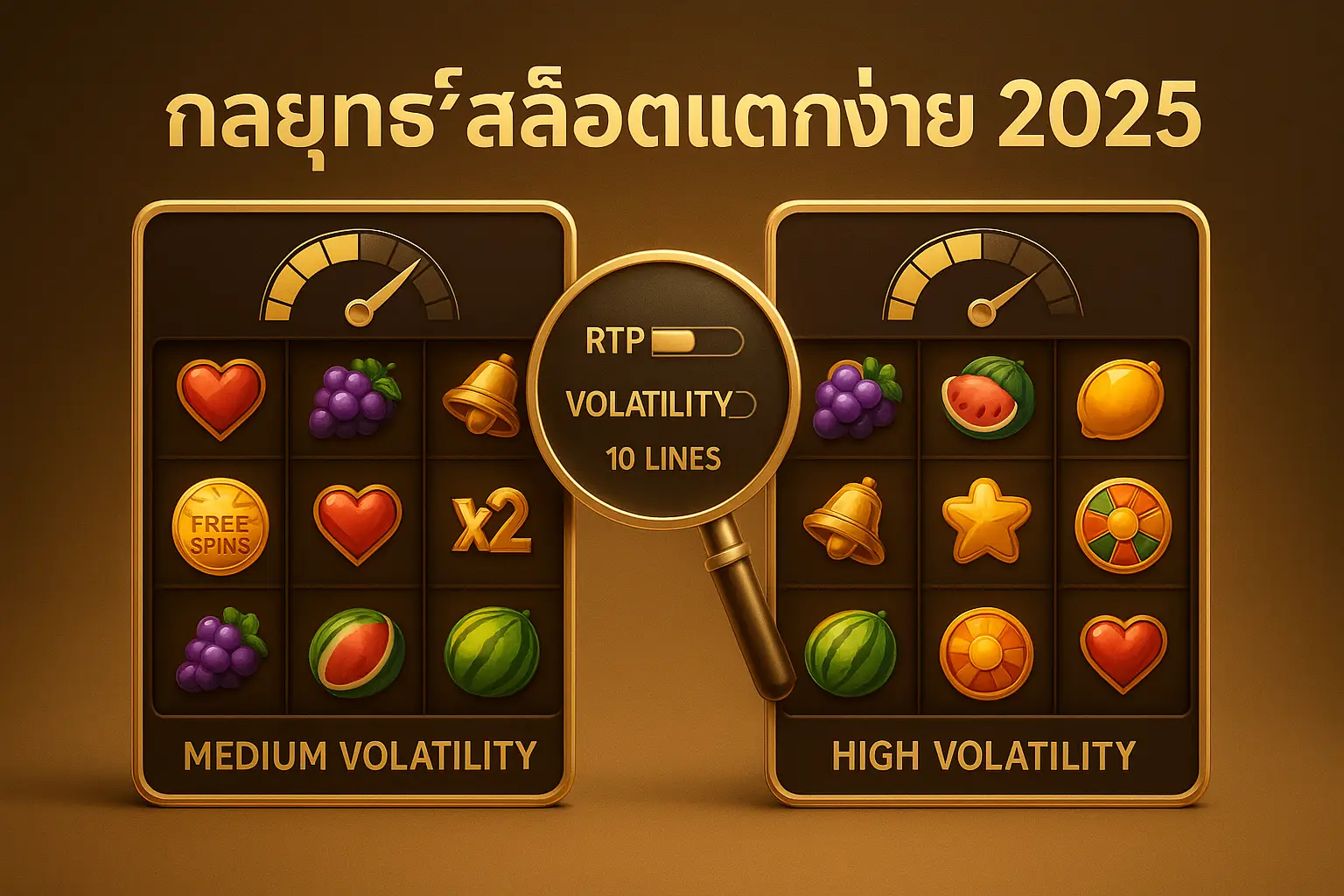 ภาพประกอบกลยุทธ์สล็อตแตกง่าย 2025: ตัวอย่างการเลือกเกมจากค่า RTP และความผันผวน โทนทอง–น้ำตาลหรู — hotwin888