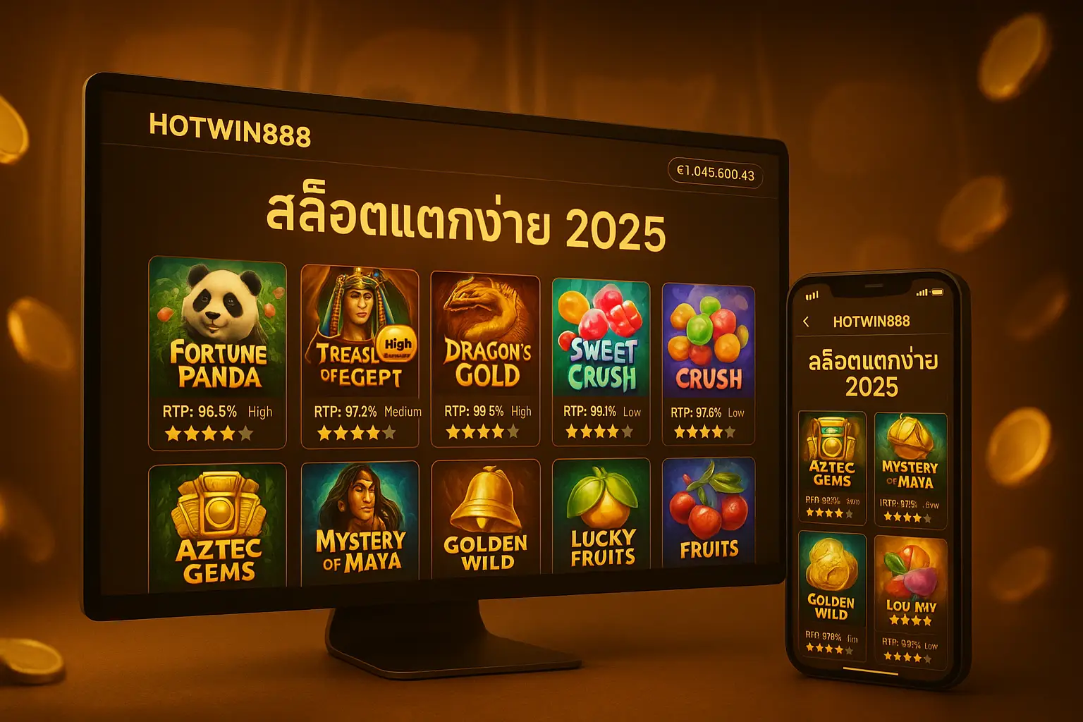ภาพตัวอย่างรายชื่อเกม สล็อตแตกง่าย 2025 บนแพลตฟอร์ม HOTWIN888 พร้อมเรตติ้งและ RTP โทนทองน้ำตาลหรู
