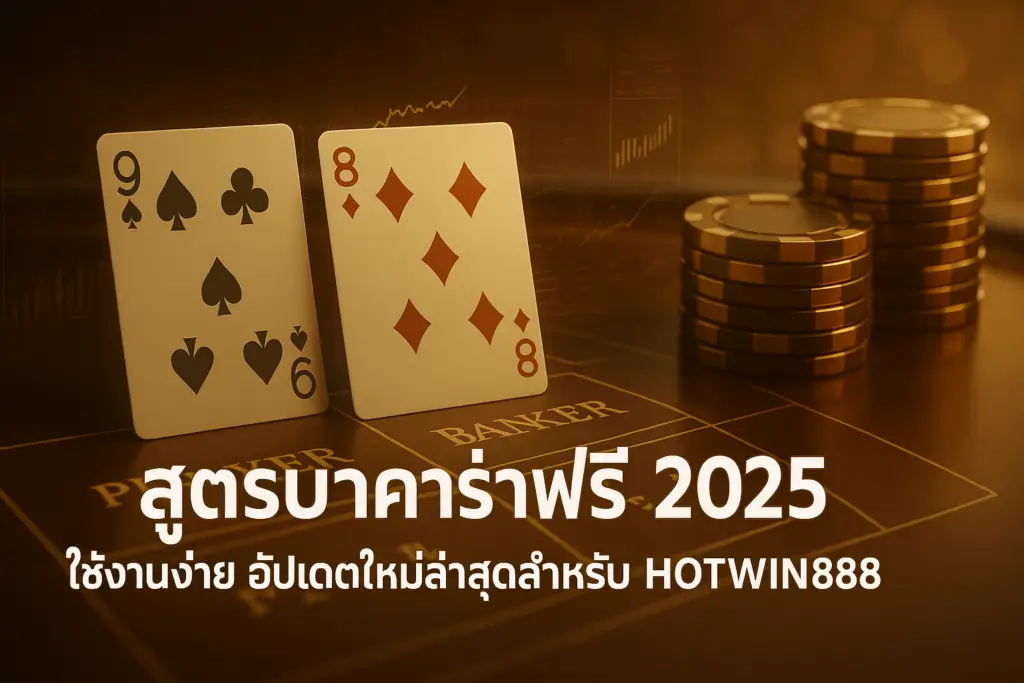 ภาพฟีเจอร์ สูตรบาคาร่าฟรี 2025 สำหรับ HOTWIN888 โทนหรูหราสีทอง-น้ำตาล แสดงโต๊ะบาคาร่า ไพ่ ชิป และกราฟกลยุทธ์
