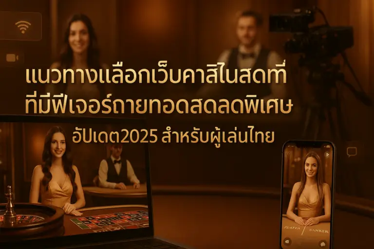 ภาพฟีเจอร์: แนวทางเลือกเว็บคาสิโนสดที่มีฟีเจอร์ถ่ายทอดสดพิเศษ ปี 2025 โทนหรูหรา อบอุ่น เหมาะกับผู้เล่นไทย โดยบทความจาก hotwin888