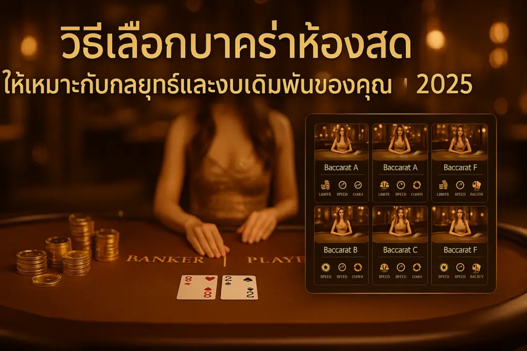 ภาพปกวิธีเลือกบาคาร่าห้องสด พร้อมหัวเรื่องภาษาไทย โทนทองน้ำตาลหรู สำหรับบทความปี 2025 บน hotwin888