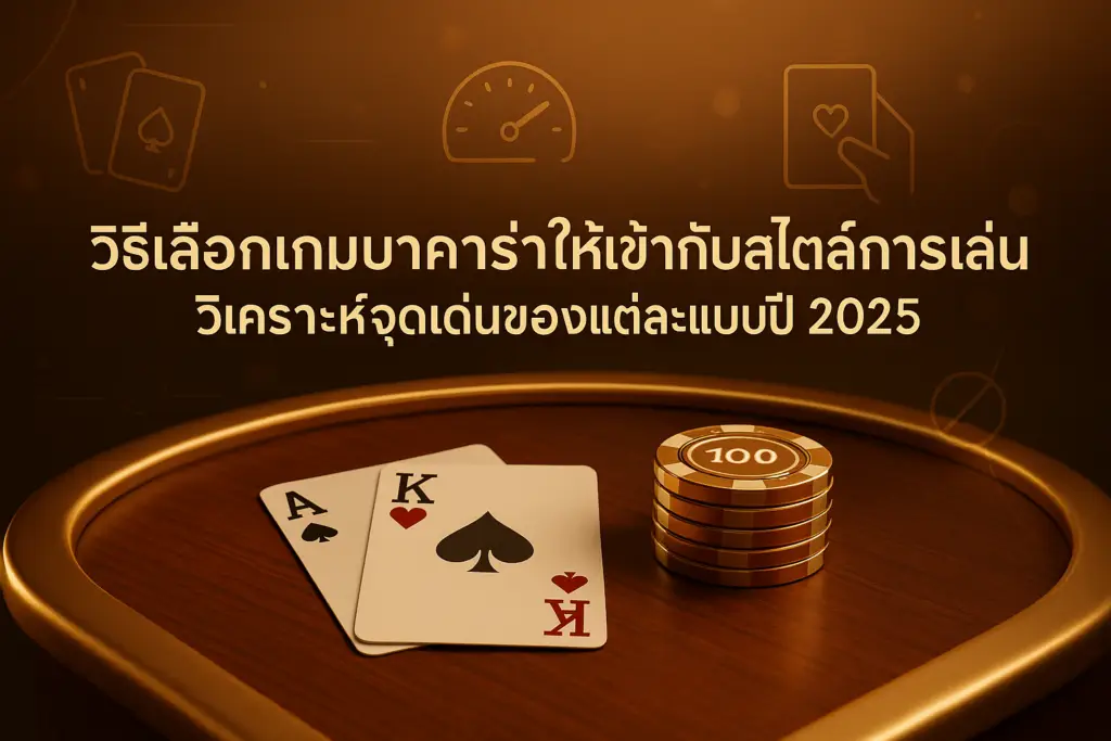 ภาพฟีเจอร์ วิธีเลือกเกมบาคาร่าให้เข้ากับสไตล์การเล่น ปี 2025 โทนไล่สีทอง-น้ำตาล โต๊ะบาคาร่า ไพ่ และชิป สื่อความหรูหรา สำหรับ hotwin888