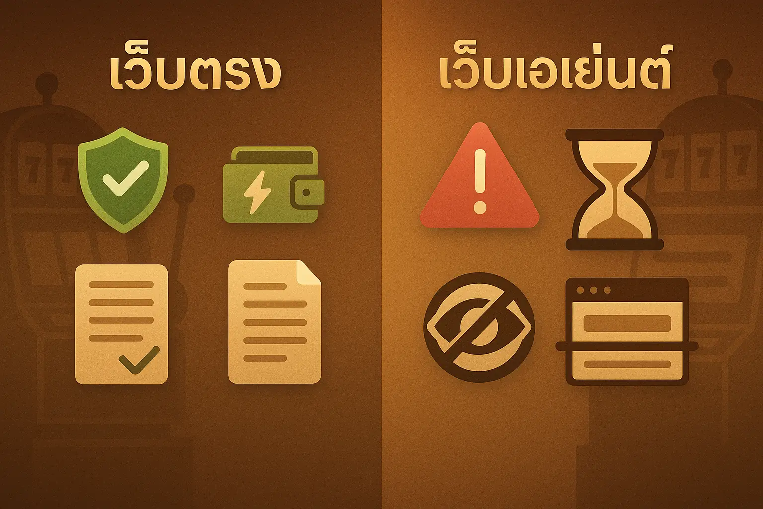 ภาพเปรียบเทียบวิธีเลือกเว็บสล็อตเว็บตรง ระหว่างเว็บตรงและเว็บเอเย่นต์ โทนหรูหราสีทองน้ำตาล ใช้เป็นสื่อความเข้าใจสำหรับผู้ใช้ hotwin888