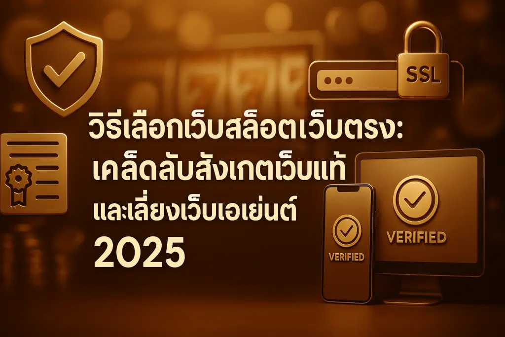 ภาพฟีเจอร์วิธีเลือกเว็บสล็อตเว็บตรง โทนหรูหราสีทองน้ำตาล แสดงสัญลักษณ์โล่ ใบอนุญาต และแม่กุญแจ SSL พร้อมข้อความหัวข้อบทความ เหมาะกับผู้อ่าน hotwin888