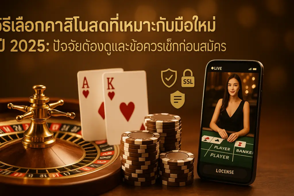 ภาพฮีโร่โทนทอง–น้ำตาล แสดงวิธีเลือกคาสิโนสดที่เหมาะกับมือใหม่ ปี 2025 พร้อมข้อความหัวเรื่องบนภาพ สื่อบรรยากาศหรูหราและปลอดภัย สำหรับผู้ใช้ hotwin888
