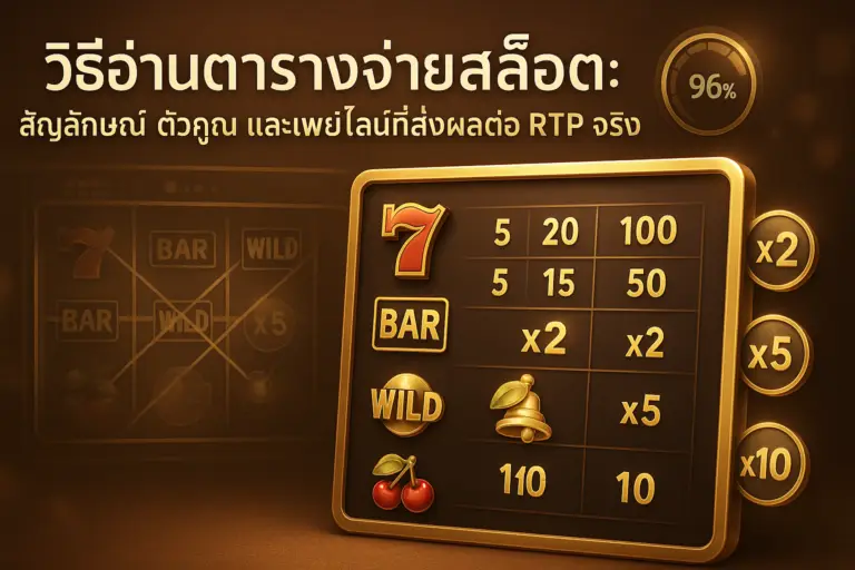 ภาพประกอบฟีเจอร์ วิธีอ่านตารางจ่ายสล็อต บน hotwin888 แสดงสัญลักษณ์ ตัวคูณ เพย์ไลน์ และค่า RTP ในธีมไล่เฉดทอง–น้ำตาลหรูหรา