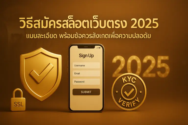 ภาพฟีเจอร์วิธีสมัครสล็อตเว็บตรง 2025 พร้อมเน้นความปลอดภัย โทนทองน้ำตาลสไตล์หรู สำหรับ hotwin888