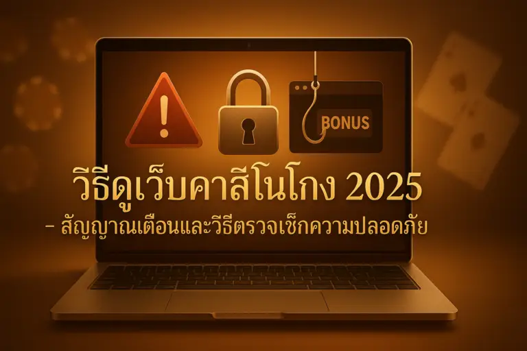 ภาพปก วิธีดูเว็บคาสิโนโกง 2025 ของ hotwin888 แสดงเว็บคาสิโนต้องสงสัยพร้อมสัญญาณเตือน โทนทองน้ำตาลหรูหรา