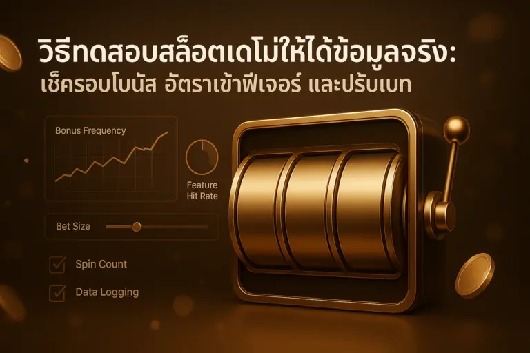 ภาพประกอบบทความ วิธีทดสอบสล็อตเดโม่ ของ hotwin888 โทนหรูหราสีทอง-น้ำตาล แสดงสล็อตเดโม่พร้อมกราฟรอบโบนัส อัตราเข้าฟีเจอร์ และแถบปรับเบท