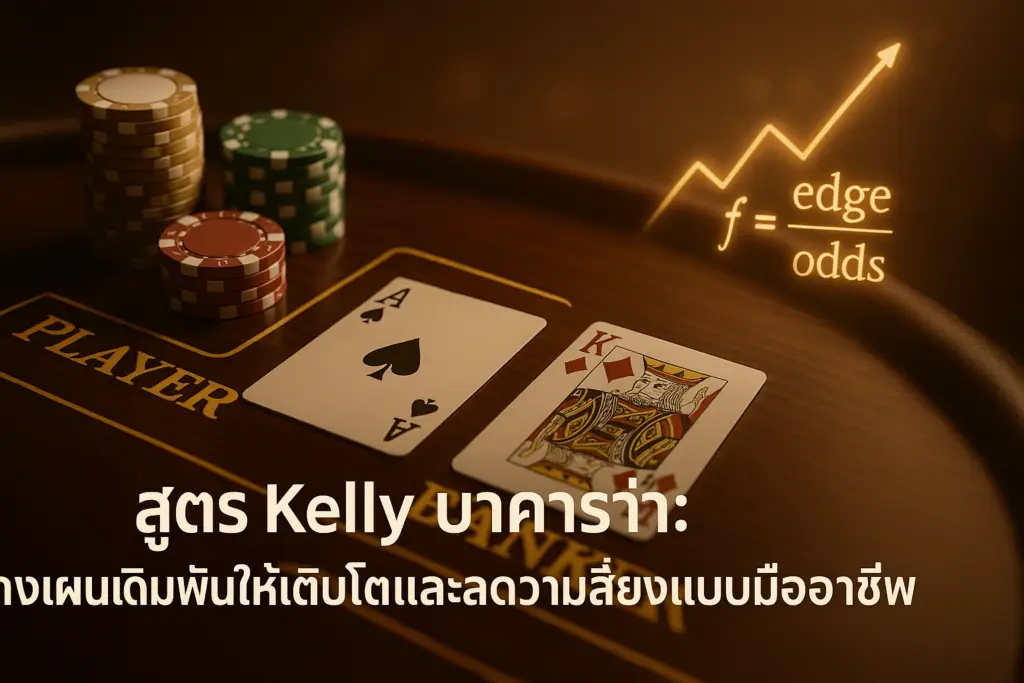 ภาพประกอบ สูตร Kelly บาคาร่า โทนหรูหราเฉดทอง-น้ำตาล พร้อมโต๊ะบาคาร่า ชิป ไพ่ และกราฟเติบโต สื่อแนวทาง Kelly Criterion สำหรับ hotwin888