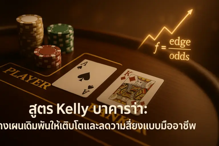 ภาพประกอบ สูตร Kelly บาคาร่า โทนหรูหราเฉดทอง-น้ำตาล พร้อมโต๊ะบาคาร่า ชิป ไพ่ และกราฟเติบโต สื่อแนวทาง Kelly Criterion สำหรับ hotwin888