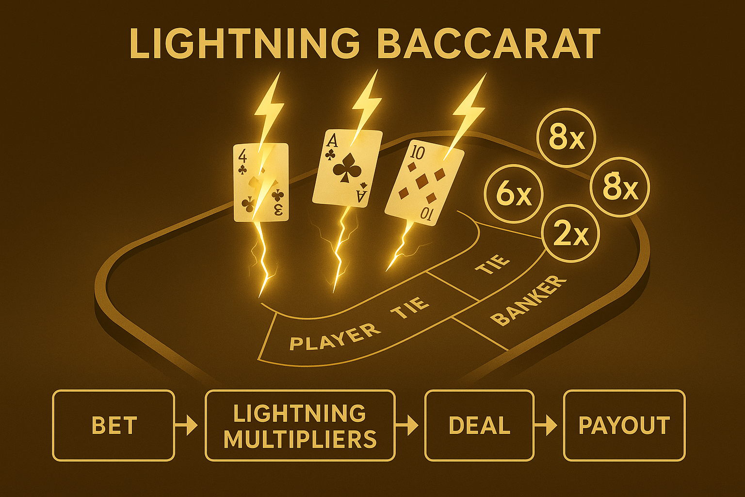 อินโฟกราฟิกอธิบายกลไกของ บาคาร่าแบบ Lightning Baccarat และตัวคูณสายฟ้า โทนทองน้ำตาล สำหรับ hotwin888