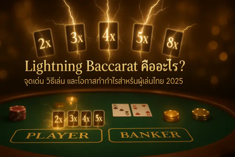 ภาพหน้าปก บาคาร่าแบบ Lightning Baccarat โทนทองน้ำตาล พร้อมเอฟเฟกต์สายฟ้าและตัวคูณ เหมาะสำหรับบทความ hotwin888