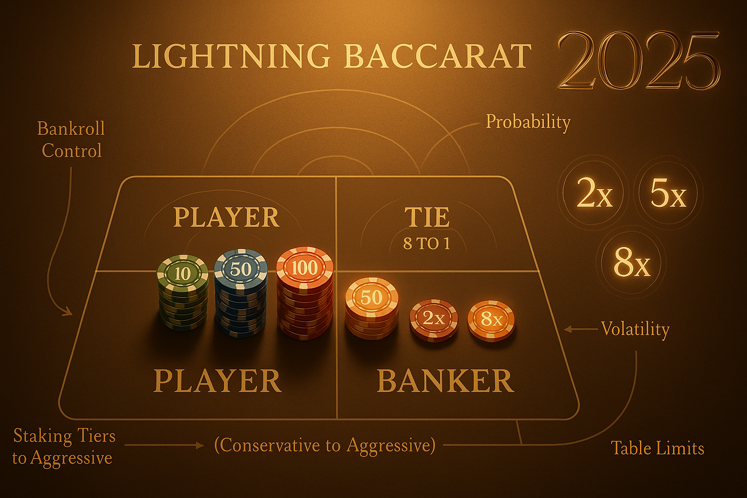 ภาพกลยุทธ์และโอกาสทำกำไร 2025 สำหรับ บาคาร่าแบบ Lightning Baccarat โทนทองน้ำตาล เหมาะกับคอนเทนต์ hotwin888