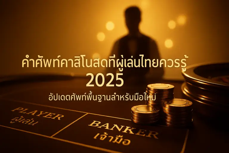 ภาพปกโทนหรูหรา golden–brown แสดงบรรยากาศคาสิโนสด พร้อมข้อความหัวเรื่อง “คำศัพท์คาสิโนสดที่ผู้เล่นไทยควรรู้ 2025 อัปเดตศัพท์พื้นฐานสำหรับมือใหม่” สำหรับบทความของ hotwin888