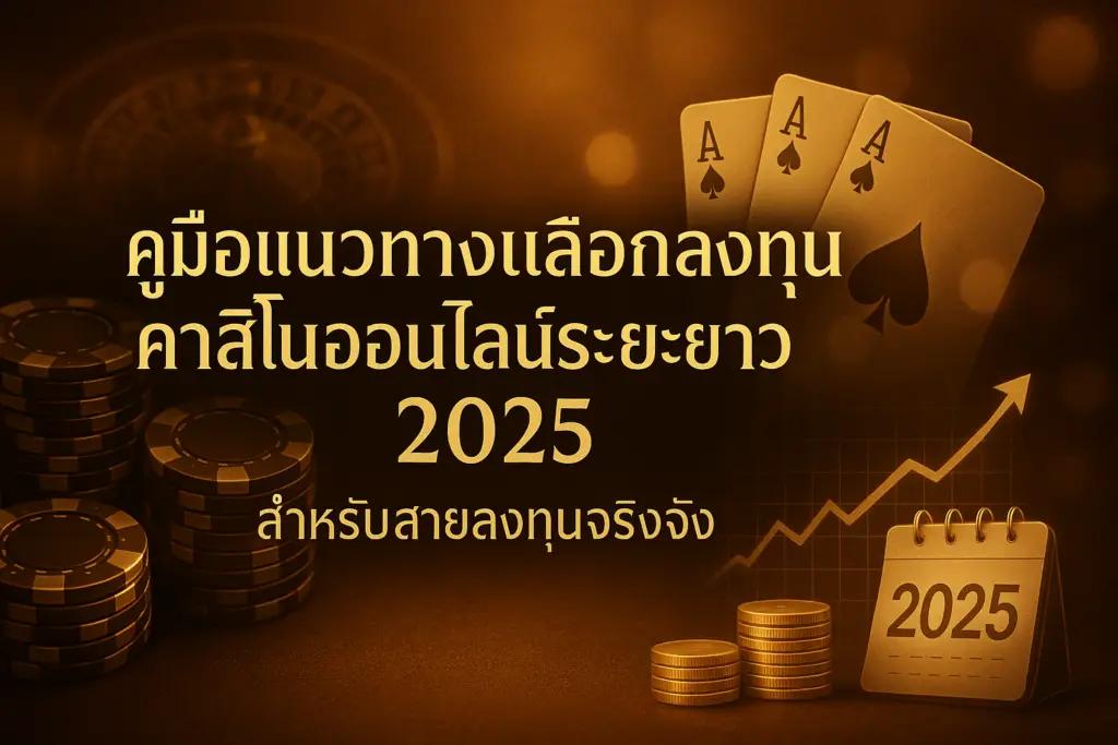 ภาพฟีเจอร์โทนทองน้ำตาลหรูสำหรับบทความ คู่มือแนวทางเลือกลงทุนคาสิโนออนไลน์ระยะยาว 2025 ของ hotwin888 พร้อมตัวอักษรหัวเรื่องบนภาพ